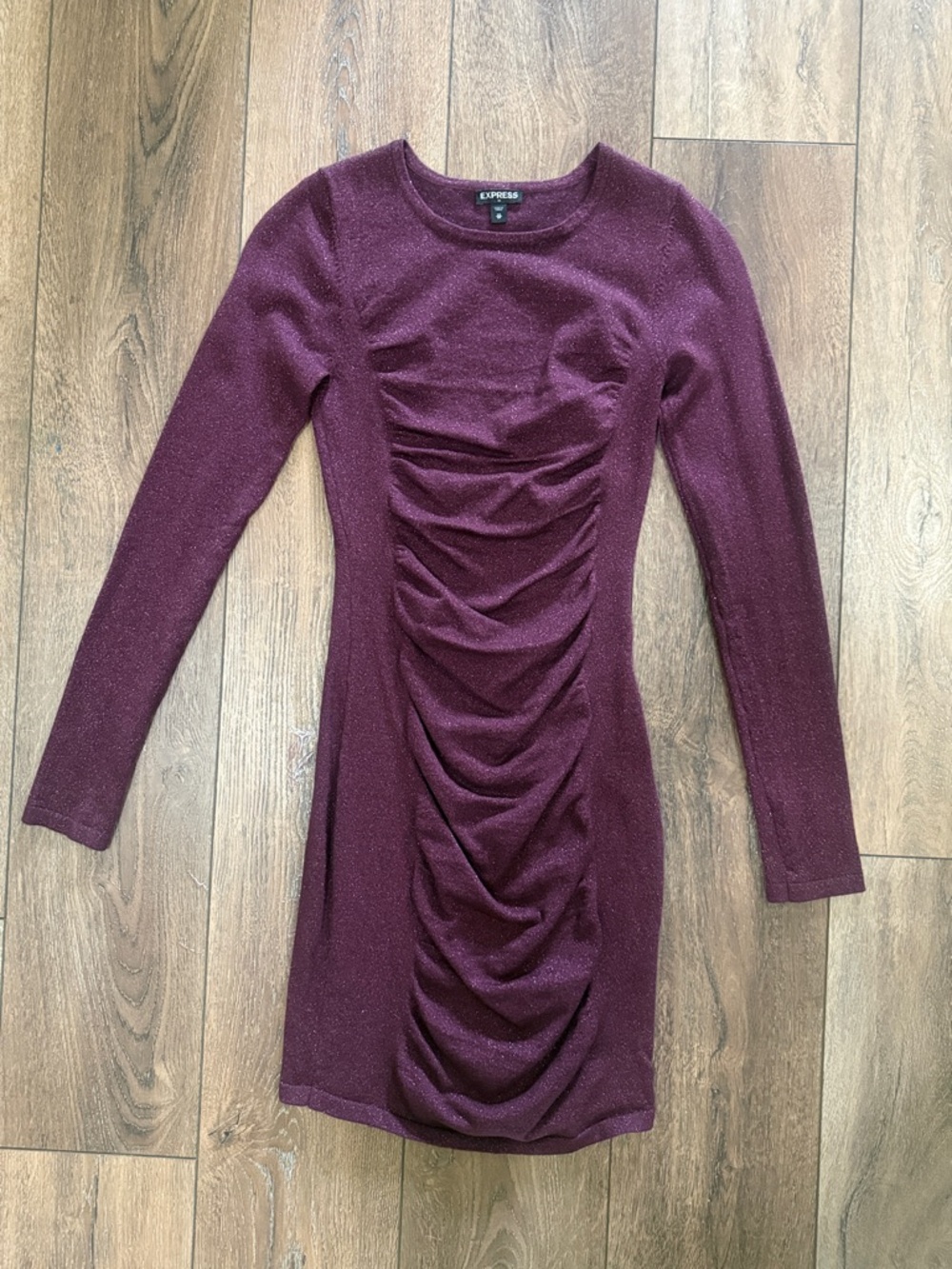 Express Long Sleeve Ruched Bodycon Dress - Burgundy